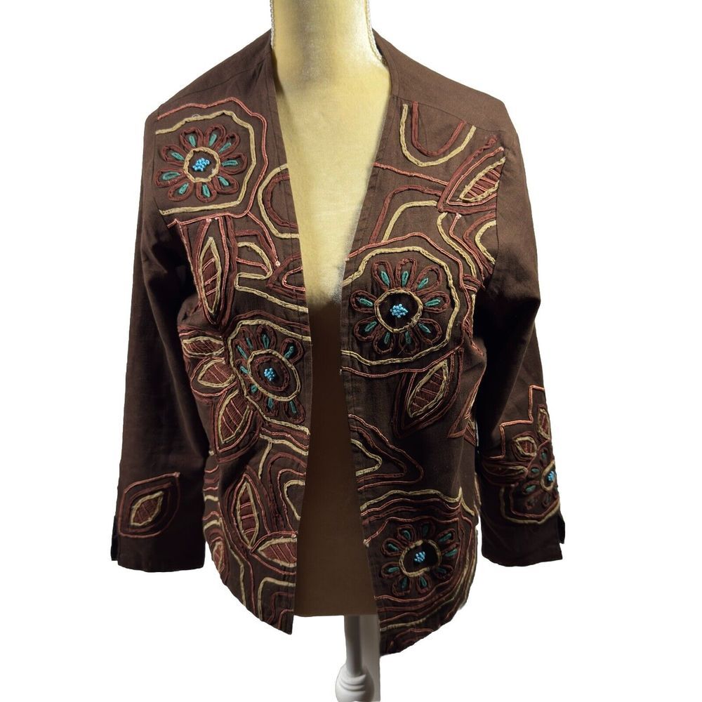 Mirasol Jacket Size M‎ Wearable Art Size M Brown With Turquoise Beads Boho
